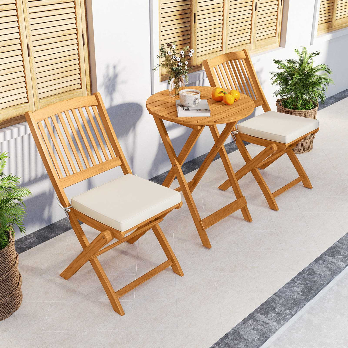 3-Piece Folding Bistro Set – Acacia Wood, Beige Cushions