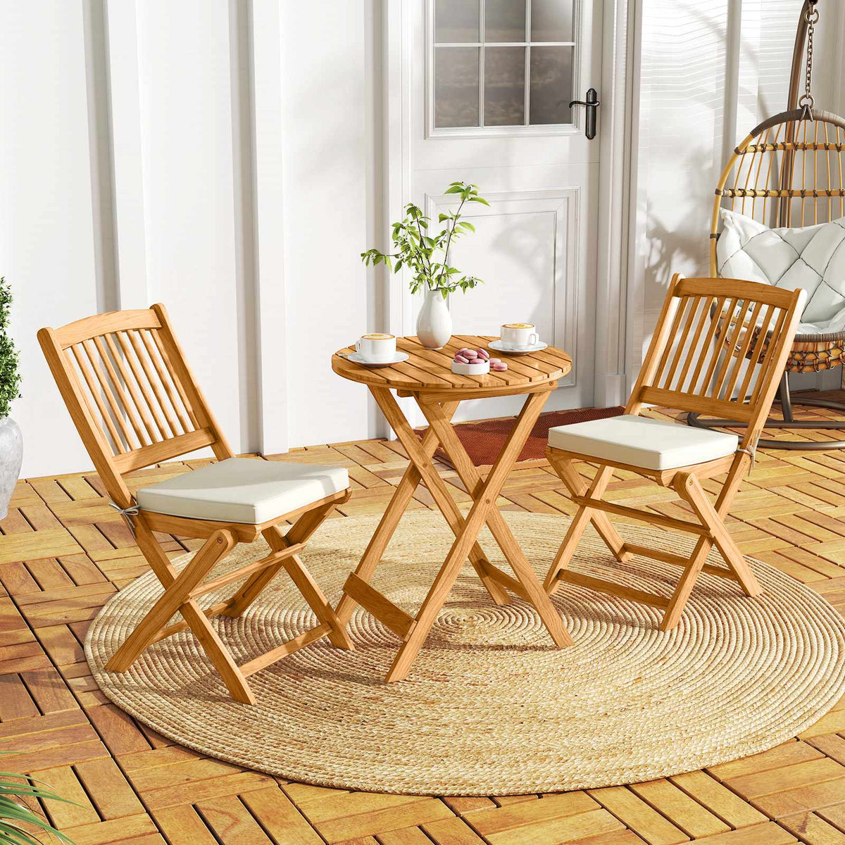 3-Piece Folding Bistro Set – Acacia Wood, Beige Cushions