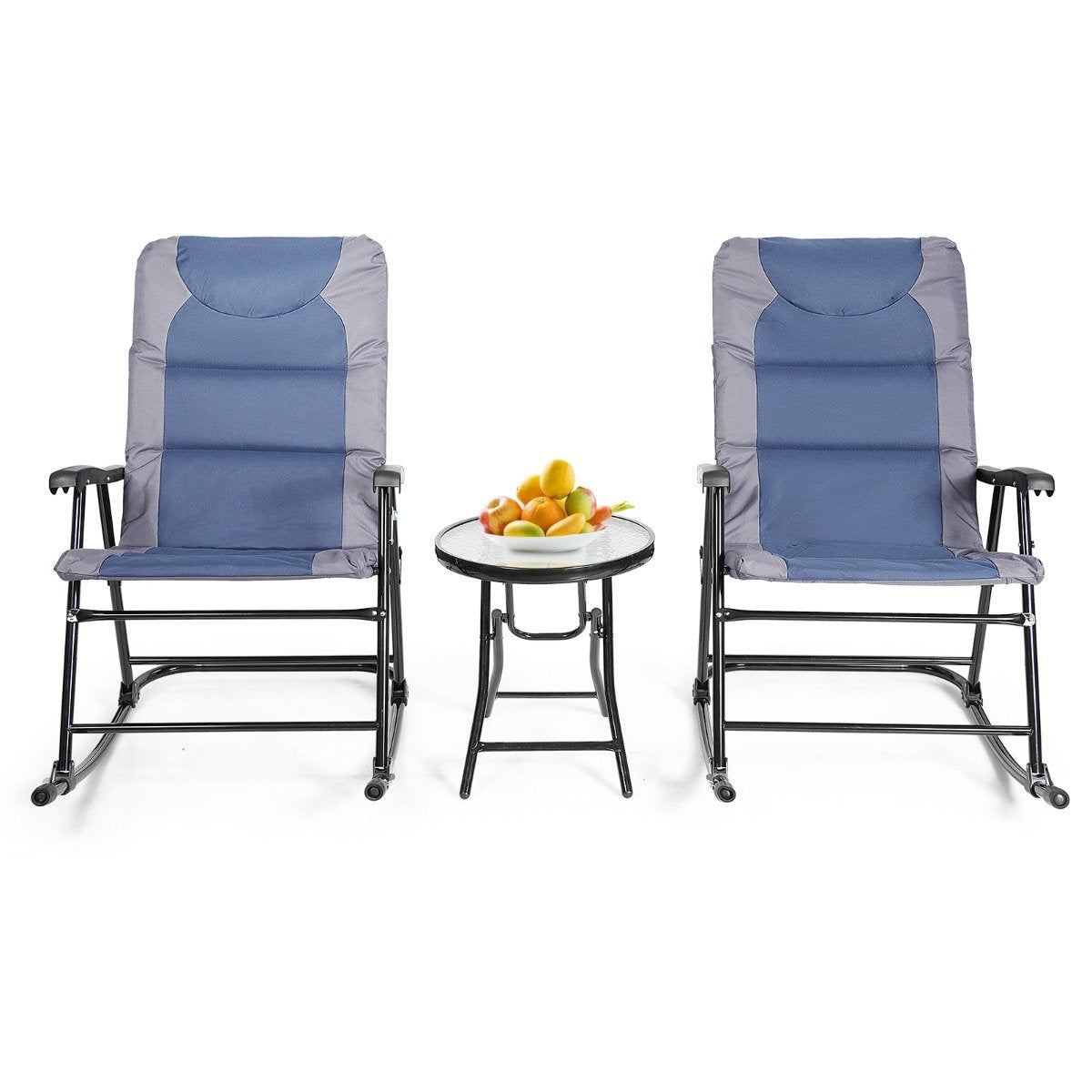 3 Piece Folding Bistro Set Outdoor Rocking Chairs with Table Blue + Gray