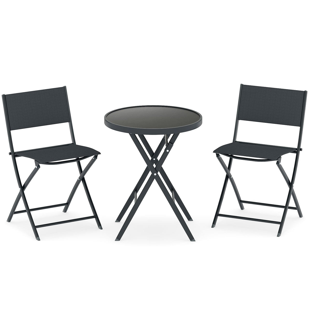 3-Piece Folding Bistro Set with Glass Table – Black