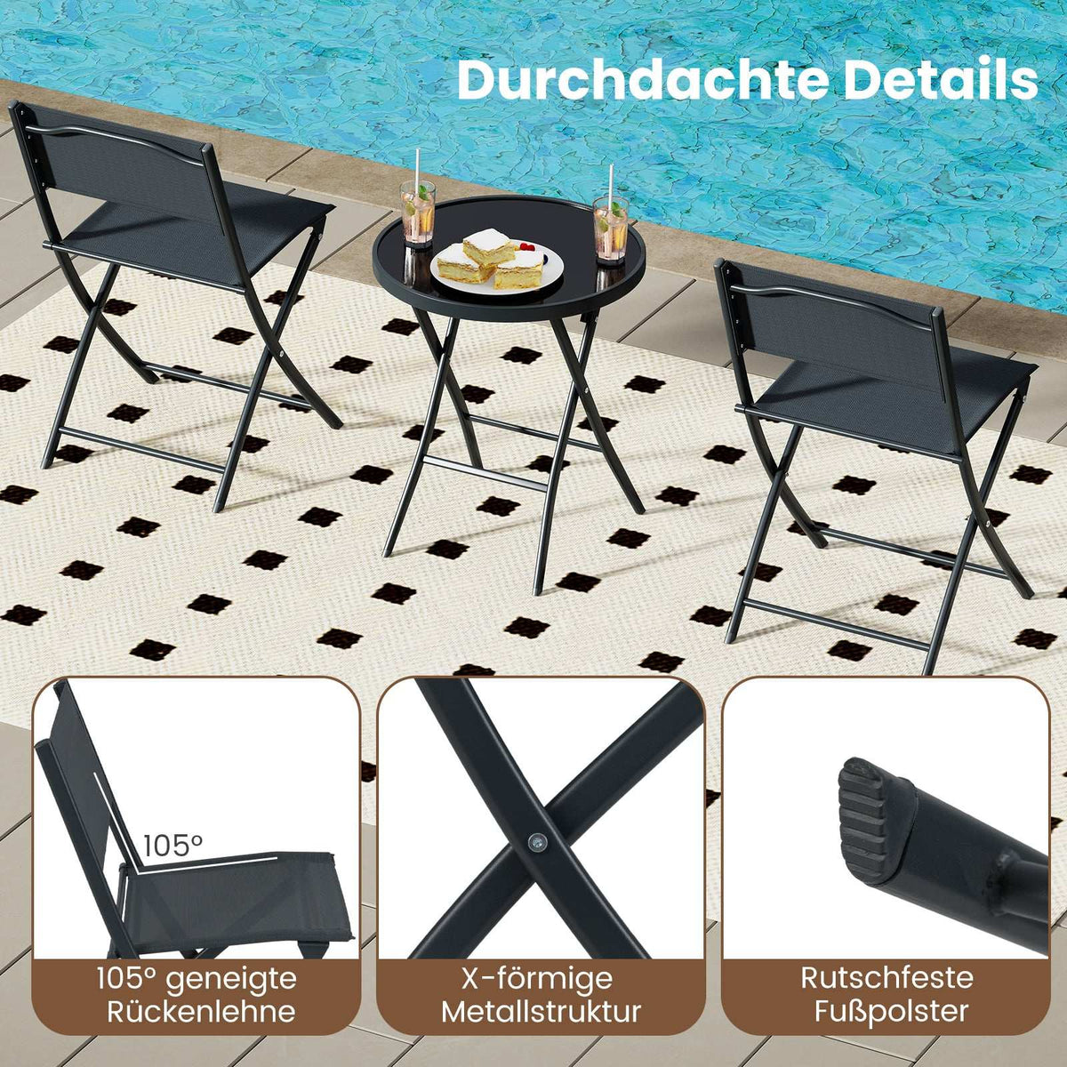 3-Piece Folding Bistro Set with Glass Table – Black