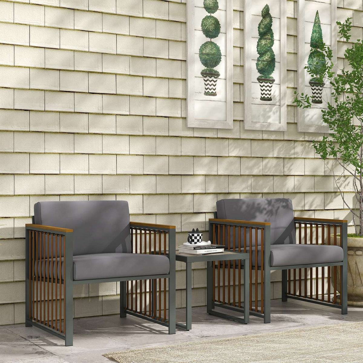 3-Piece Garden Furniture Set, Bistro Set Including Coffee Table, 2 Chairs, Garden Seating Group With Cushions, Garden Set, Balcony Furniture For Terrace, Grey