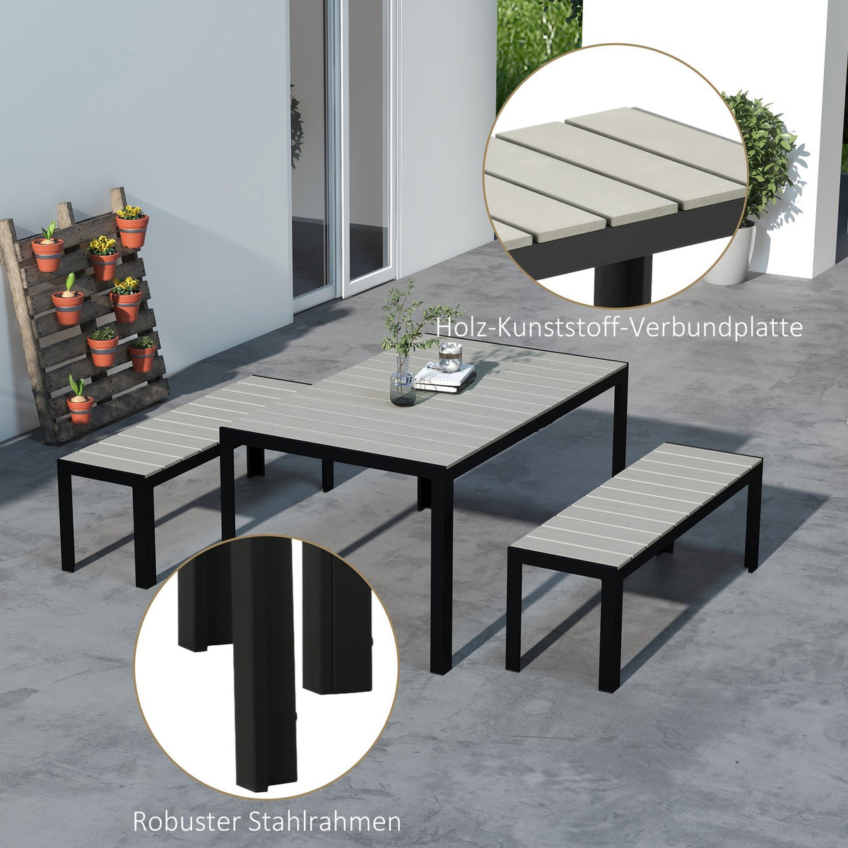 3-Piece Garden Furniture Set, Seating Area, Seating Set Including 2 Benches & 1 Table, Balcony Furniture Set For Patio, Steel, Gray