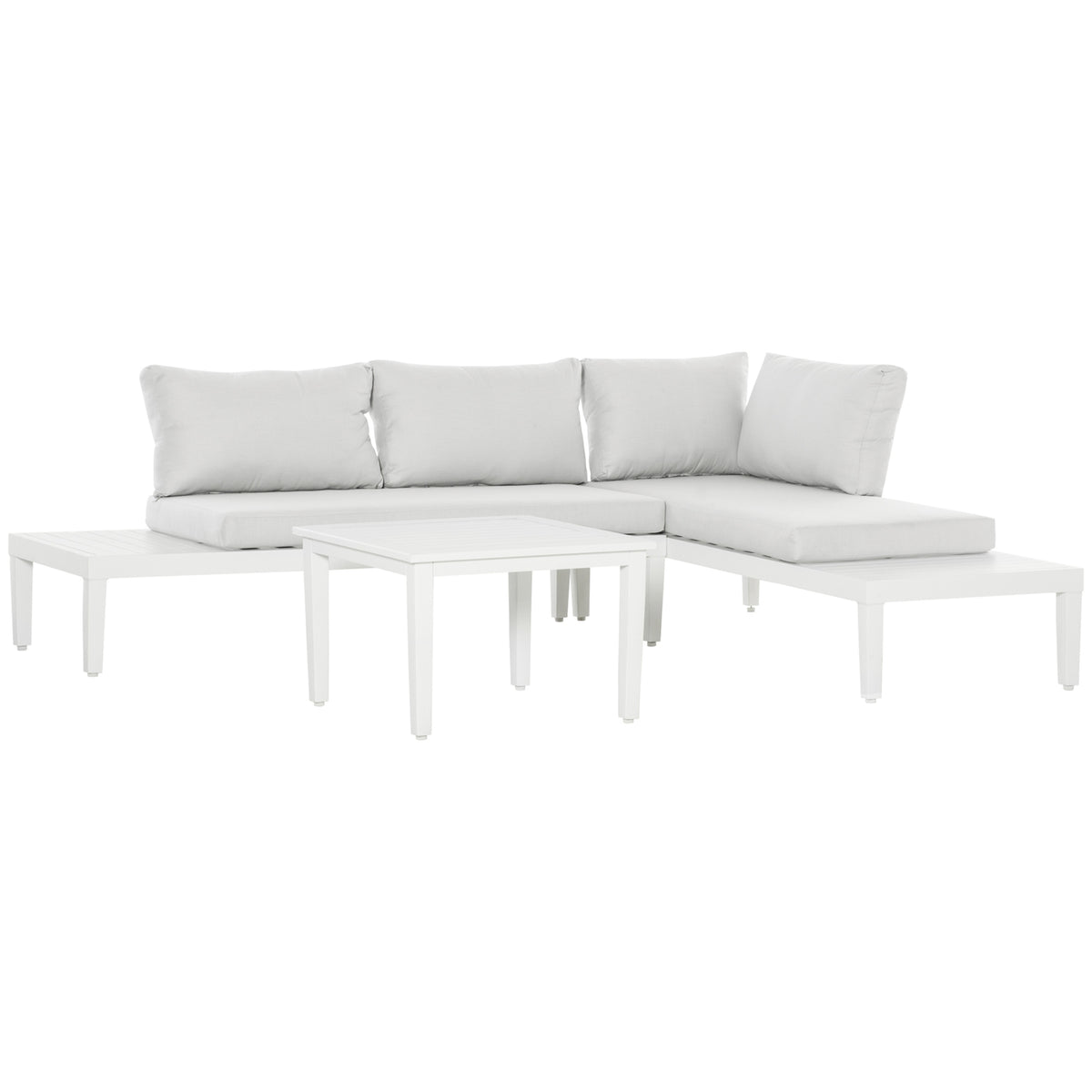 3-Piece Garden Furniture Set With Side Table, Balcony Furniture Set, Sofa With Cushions, L-Shape, Outdoor Aluminum, Cream White