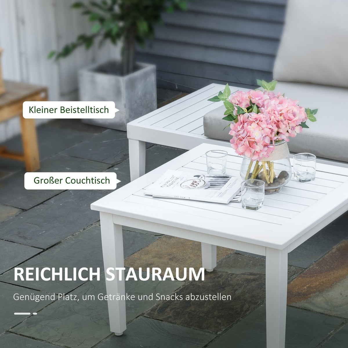 3-Piece Garden Furniture Set With Side Table, Balcony Furniture Set, Sofa With Cushions, L-Shape, Outdoor Aluminum, Cream White