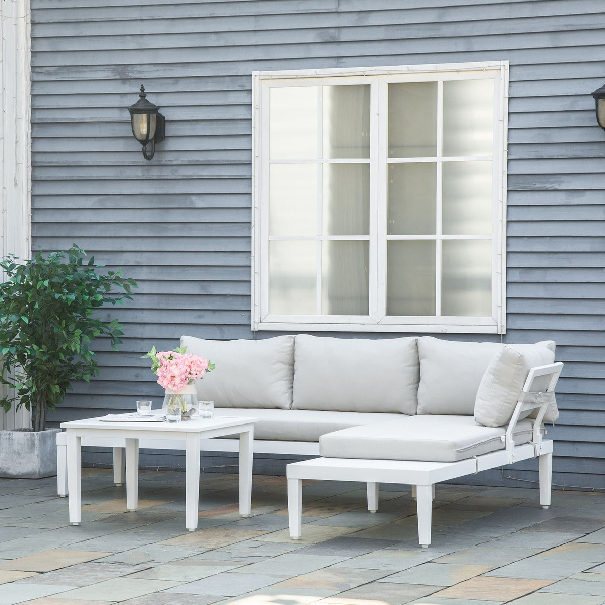 3-Piece Garden Furniture Set With Side Table, Balcony Furniture Set, Sofa With Cushions, L-Shape, Outdoor Aluminum, Cream White
