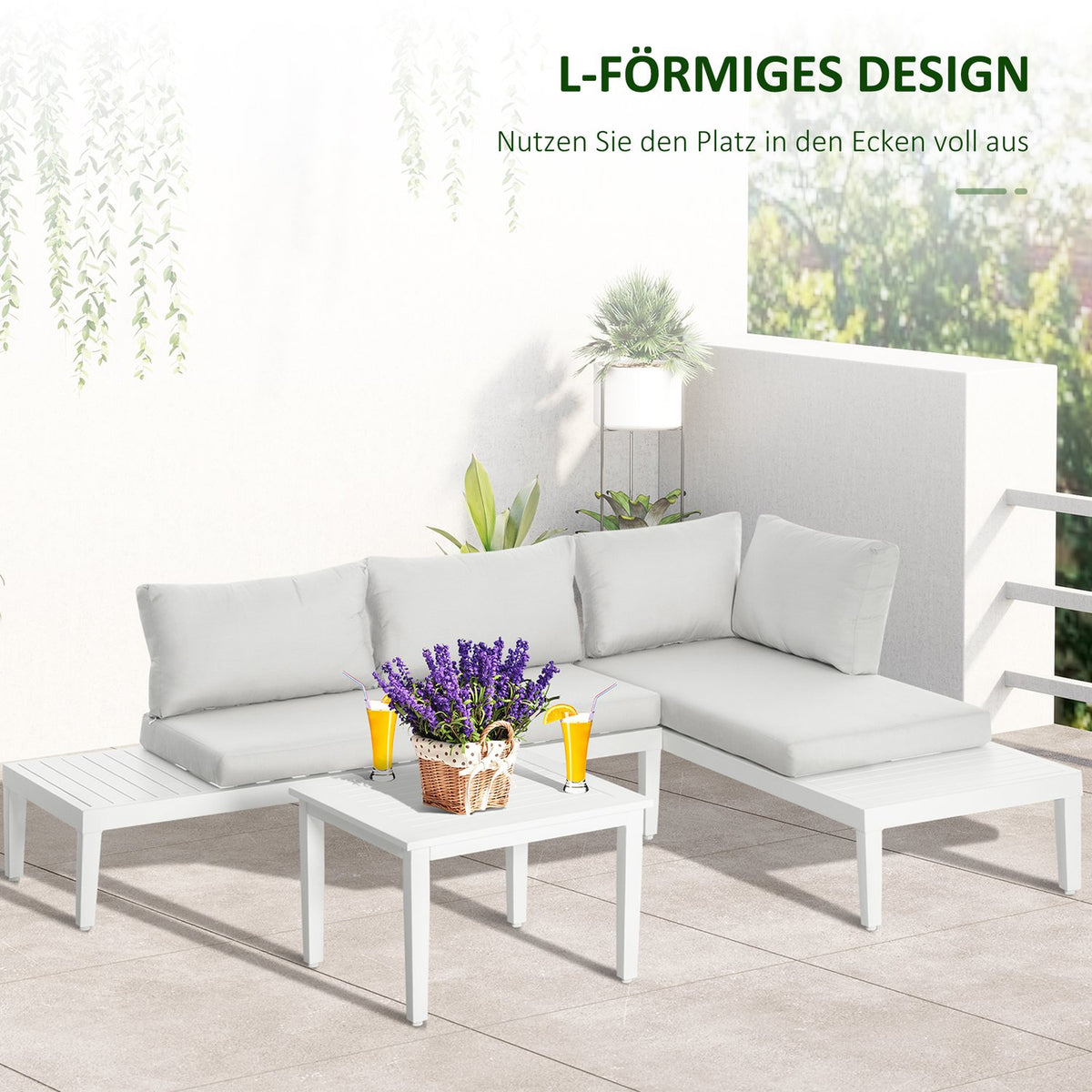 3-Piece Garden Furniture Set With Side Table, Balcony Furniture Set, Sofa With Cushions, L-Shape, Outdoor Aluminum, Cream White