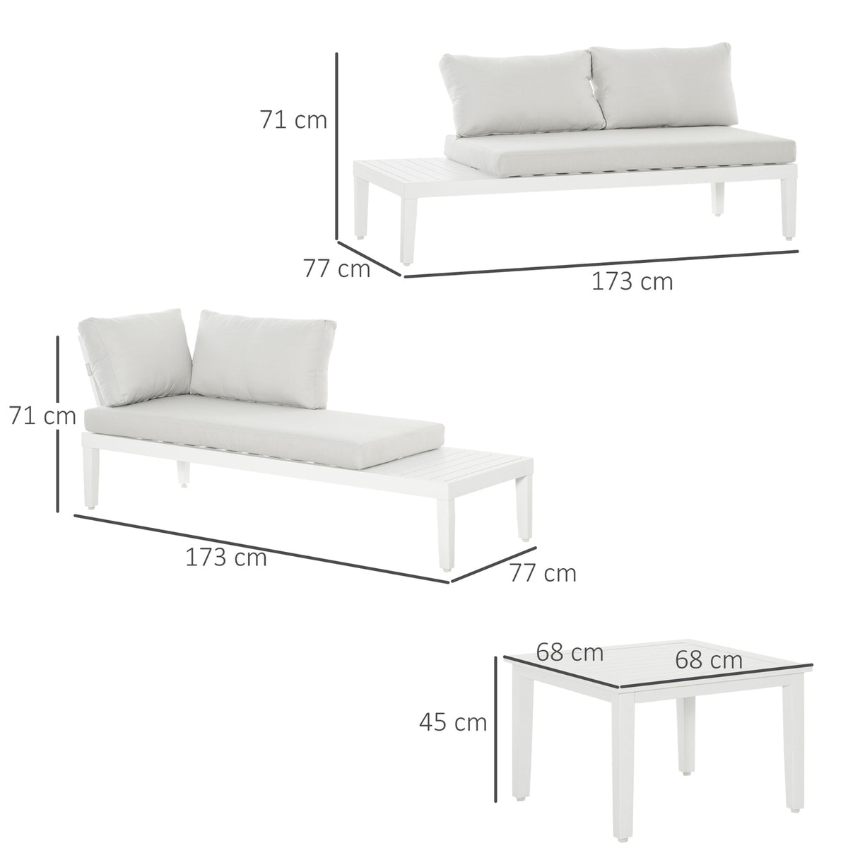 3-Piece Garden Furniture Set With Side Table, Balcony Furniture Set, Sofa With Cushions, L-Shape, Outdoor Aluminum, Cream White
