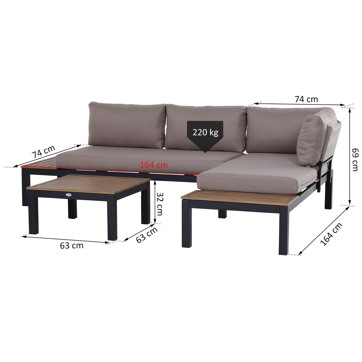 3 Piece Garden Furniture Set With Side Table Sofa With Cushions Outdoor Aluminum 164 X 74 X 69 Cm