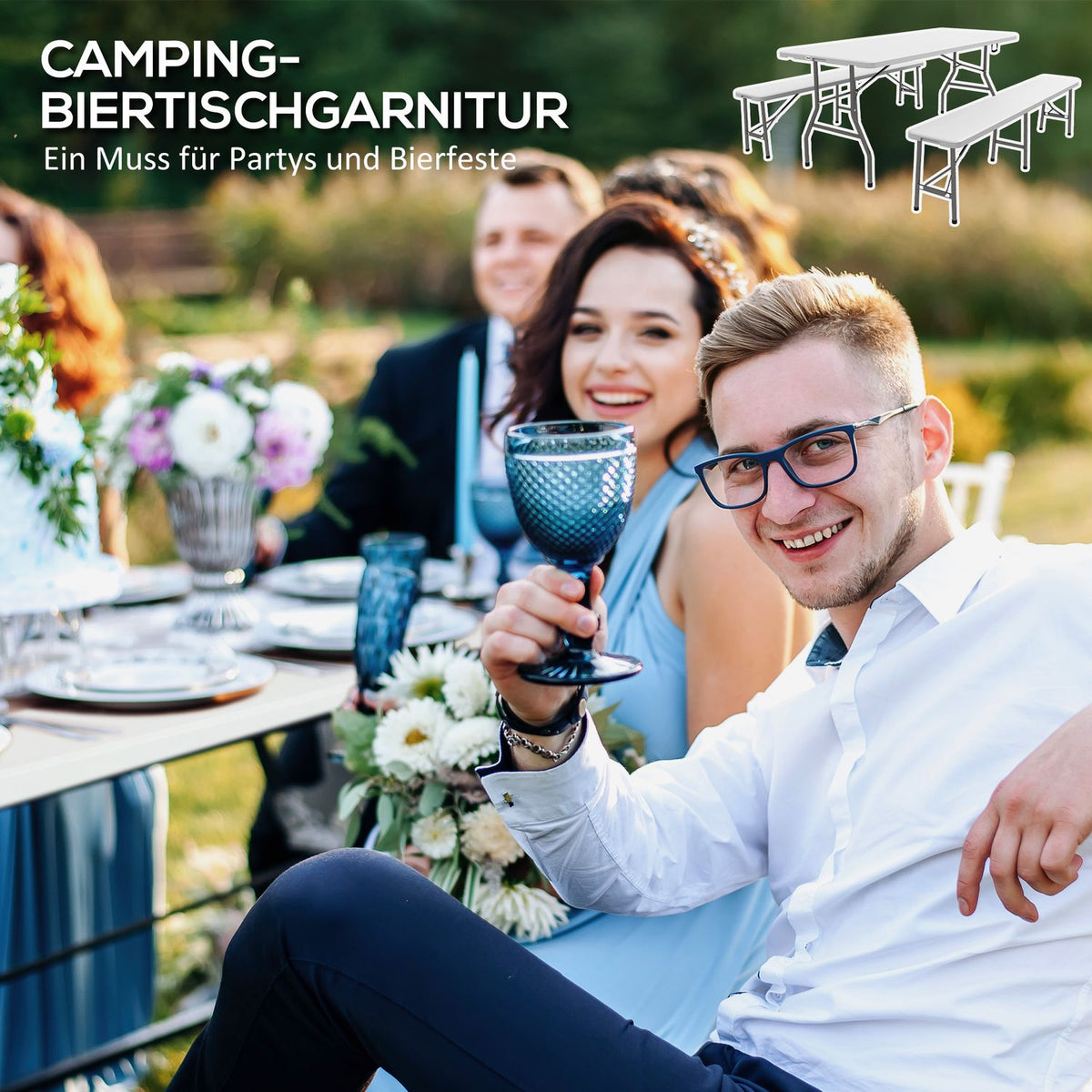 3-Piece Marquee Set Beer Table 2 Beer Benches 6 People Hdpe White