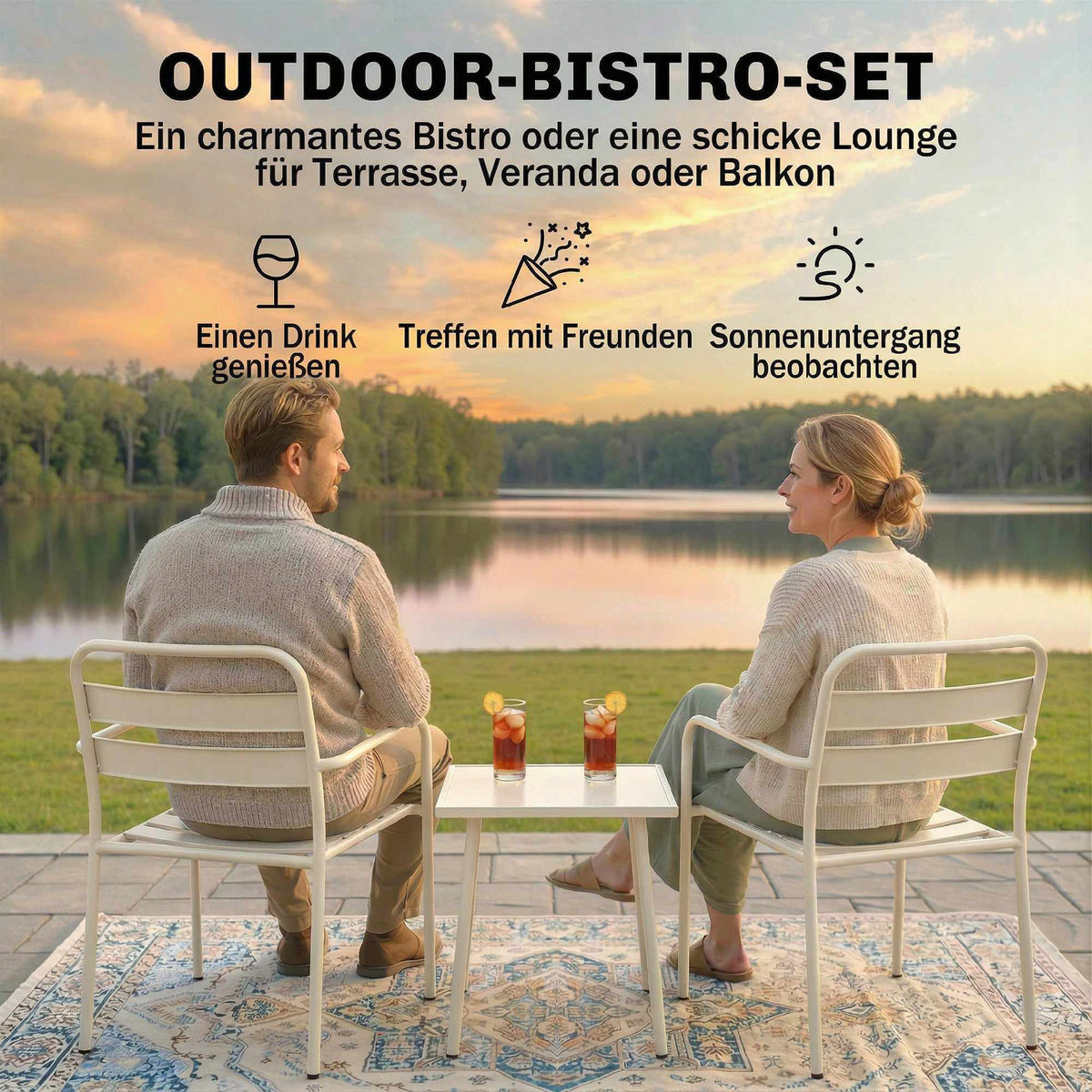 3-Piece Metal Patio Bistro Set with Glass Table, White