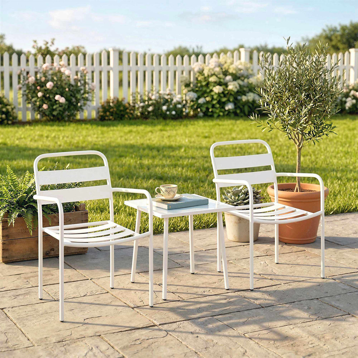 3-Piece Metal Patio Bistro Set with Glass Table, White