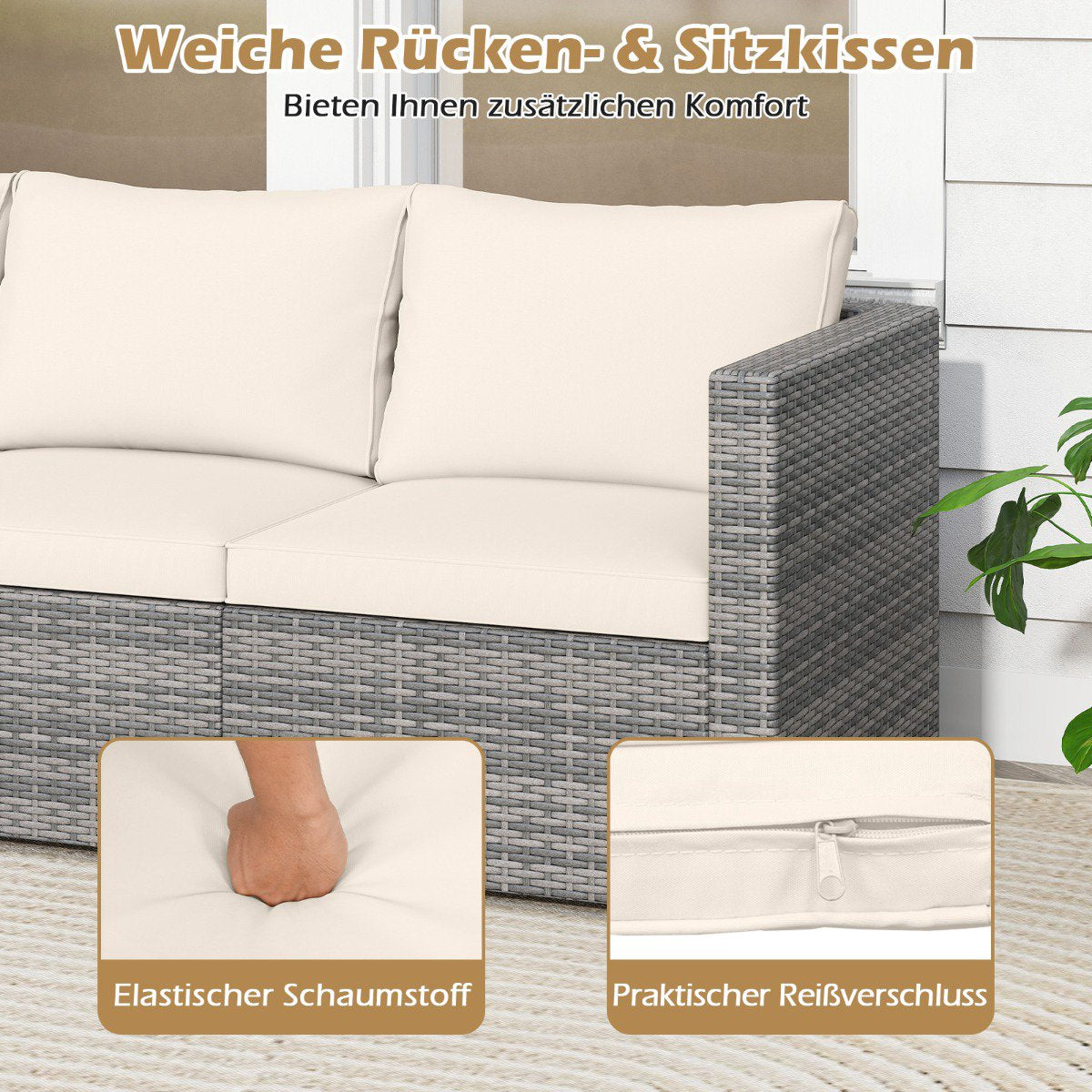 3-Piece Modular Patio Sofa Set with Cushions, White