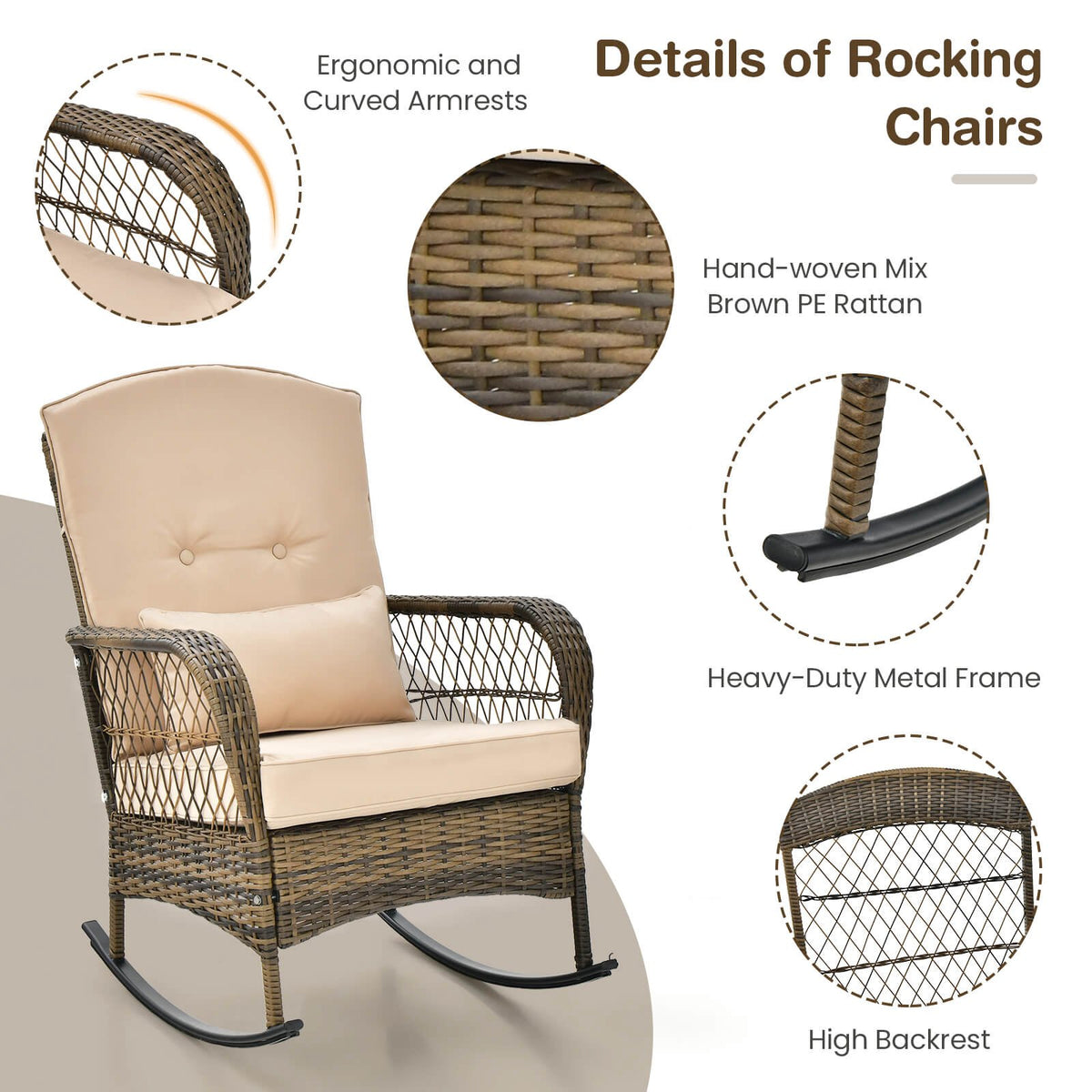 3-Piece Outdoor Rattan Rocking Set, Glass Side Table