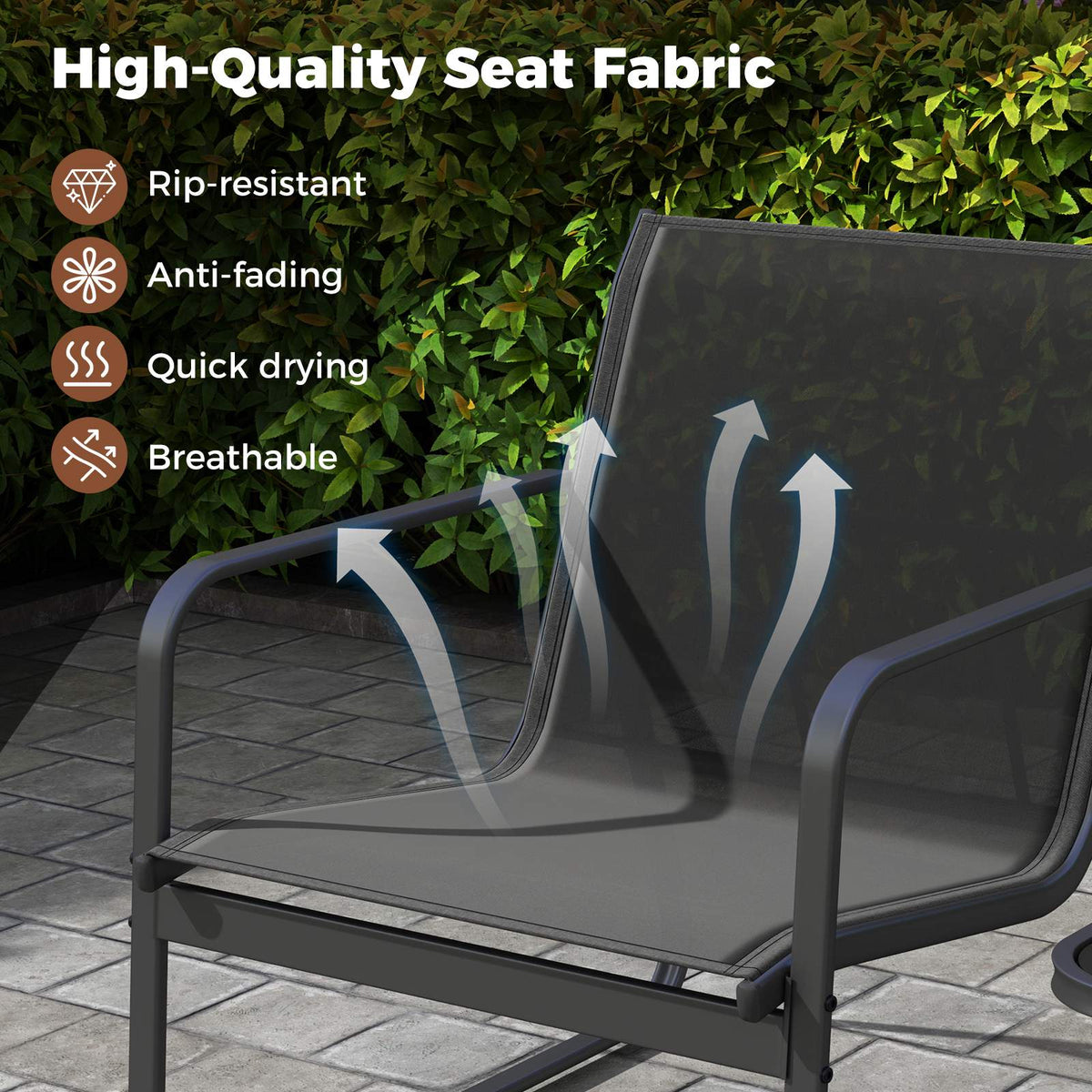 3-Piece Patio Furniture Set, Textilene, Glass Table, Black