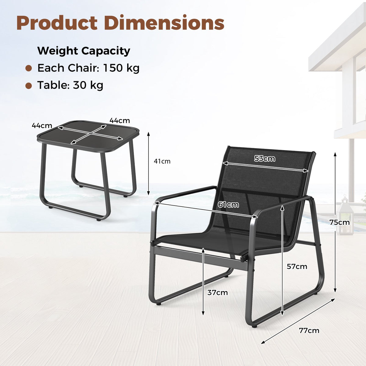 3-Piece Patio Furniture Set, Textilene, Glass Table, Black