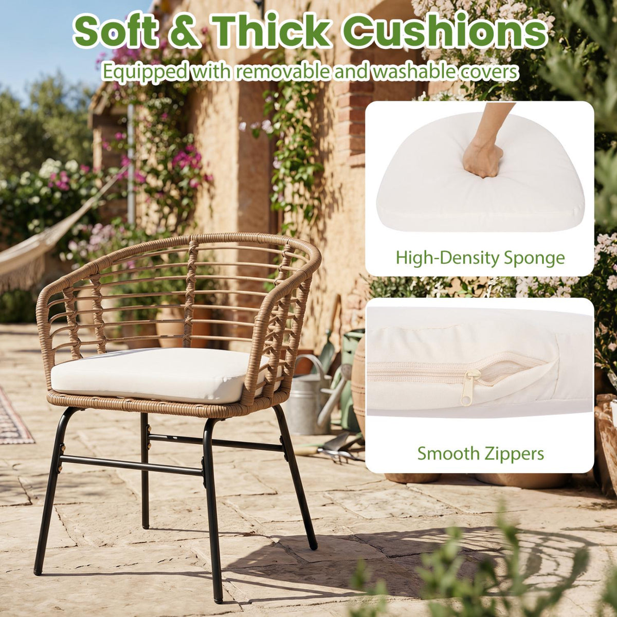 3-Piece Patio Set, White Cushions, Rattan & Glass