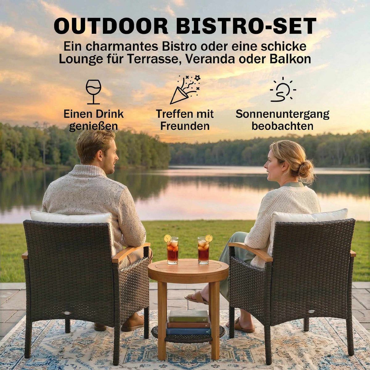 3-Piece Rattan Bistro Set with Cushions and Wood Table