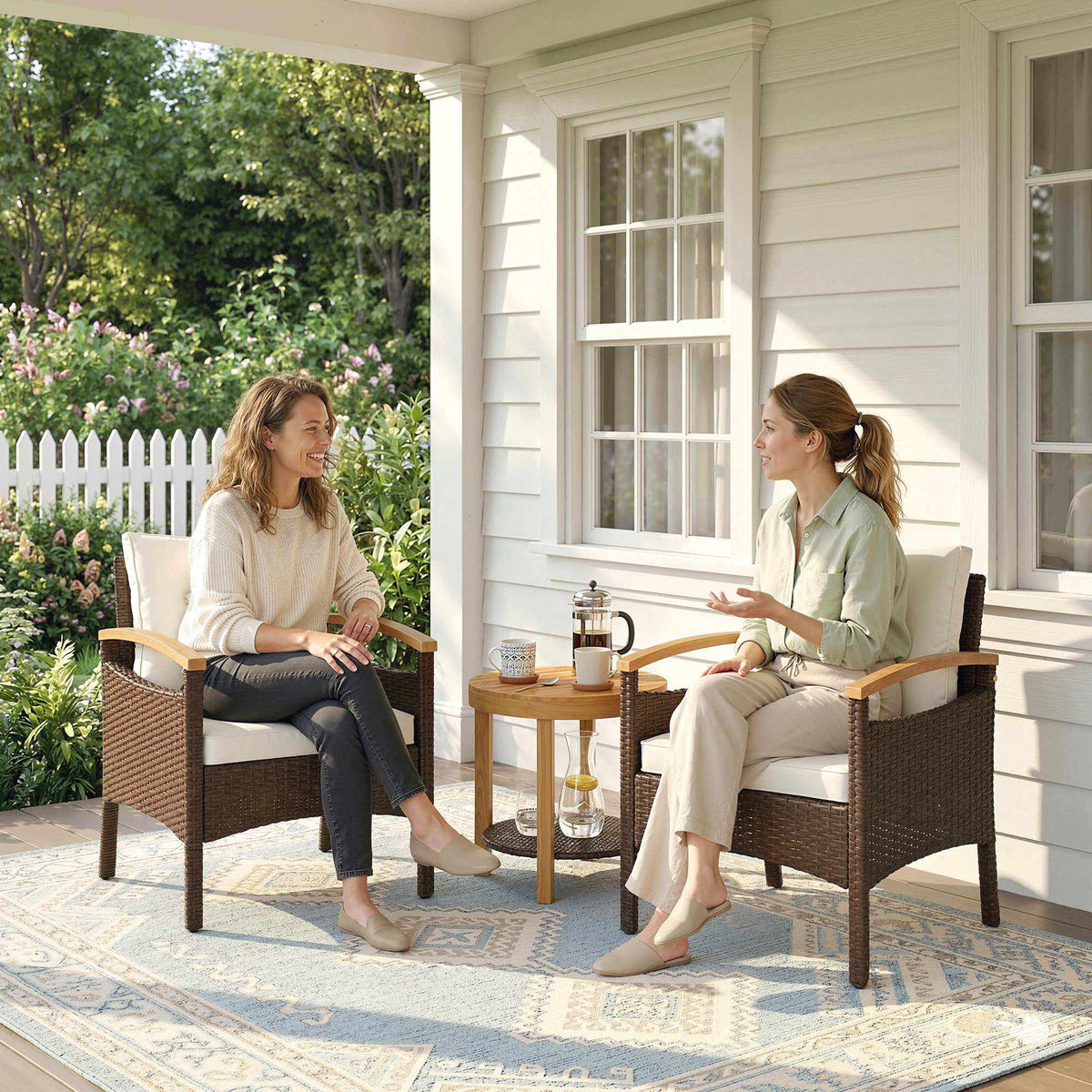 3-Piece Rattan Bistro Set with Cushions and Wood Table