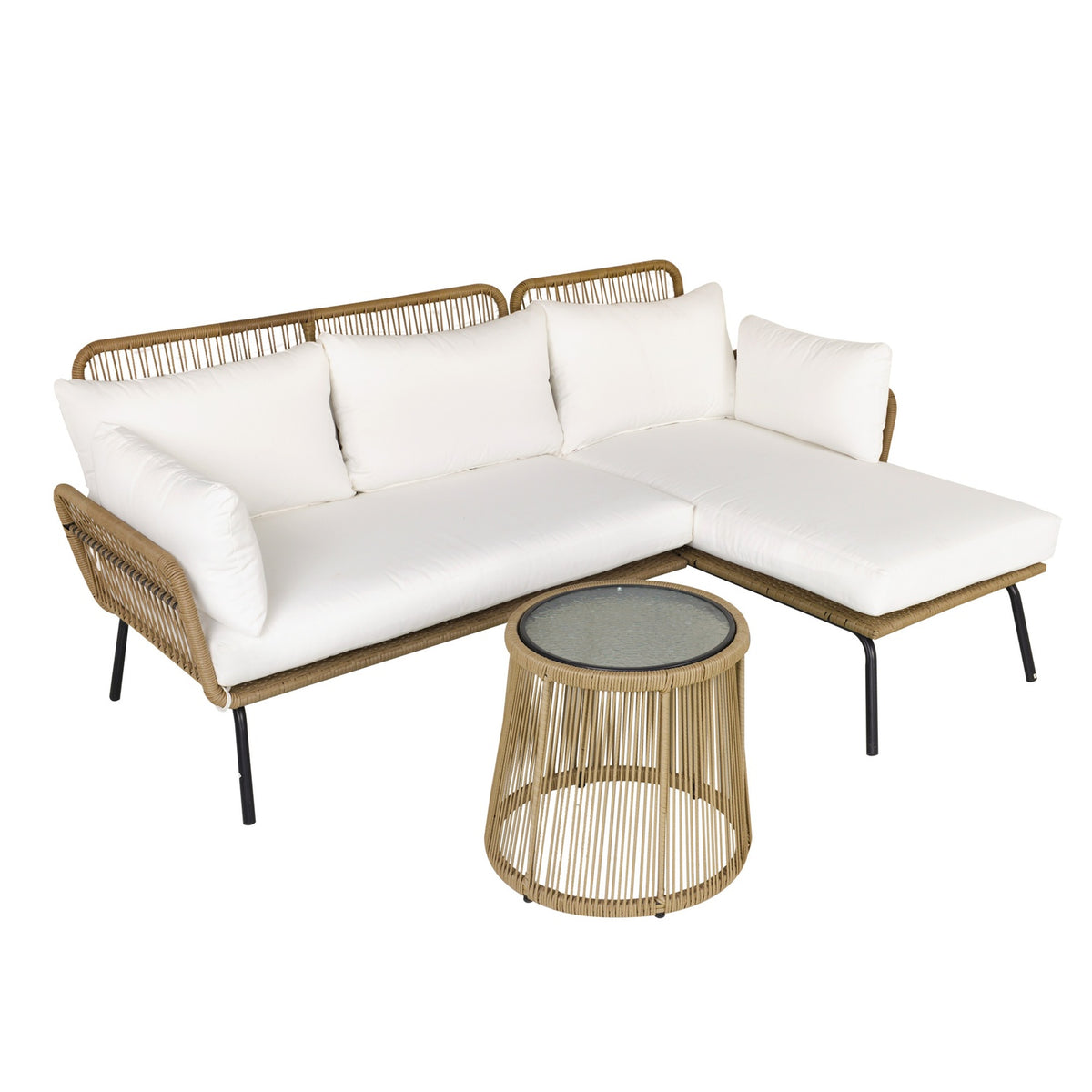 3 Piece Rattan Garden Furniture Set, 2 Seater Sofa With Chaise Longue And Side Table, Beige And Coffee