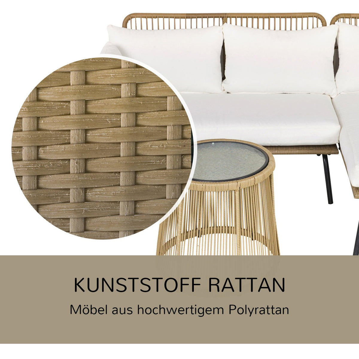 3 Piece Rattan Garden Furniture Set, 2 Seater Sofa With Chaise Longue And Side Table, Beige And Coffee