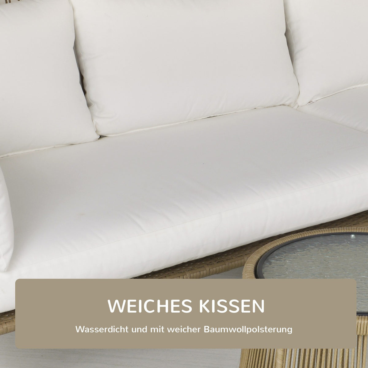 3 Piece Rattan Garden Furniture Set, 2 Seater Sofa With Chaise Longue And Side Table, Beige And Coffee