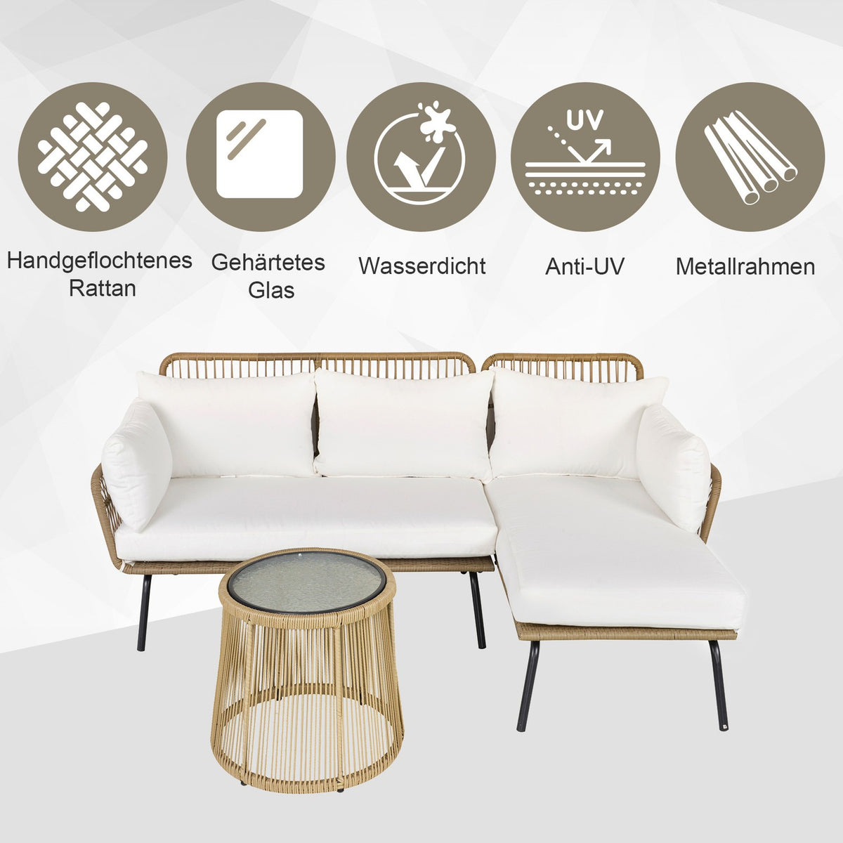 3 Piece Rattan Garden Furniture Set, 2 Seater Sofa With Chaise Longue And Side Table, Beige And Coffee
