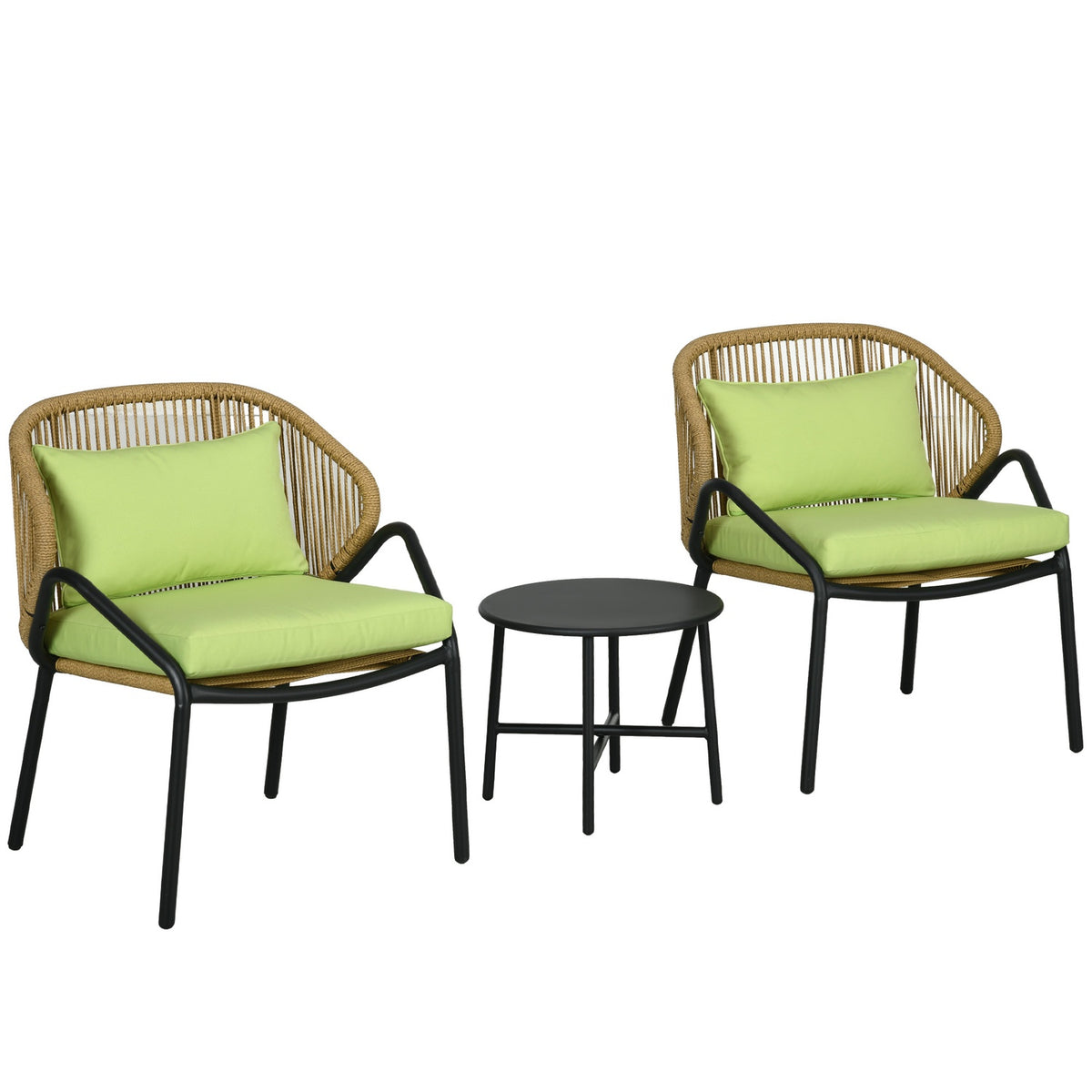 3-Piece Rattan Garden Furniture Set, Garden Set With 2 Garden Chairs, Side Table, Seating Group With Seat And Back Cushions, Steel, Green