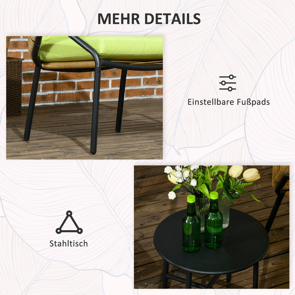 3-Piece Rattan Garden Furniture Set, Garden Set With 2 Garden Chairs, Side Table, Seating Group With Seat And Back Cushions, Steel, Green