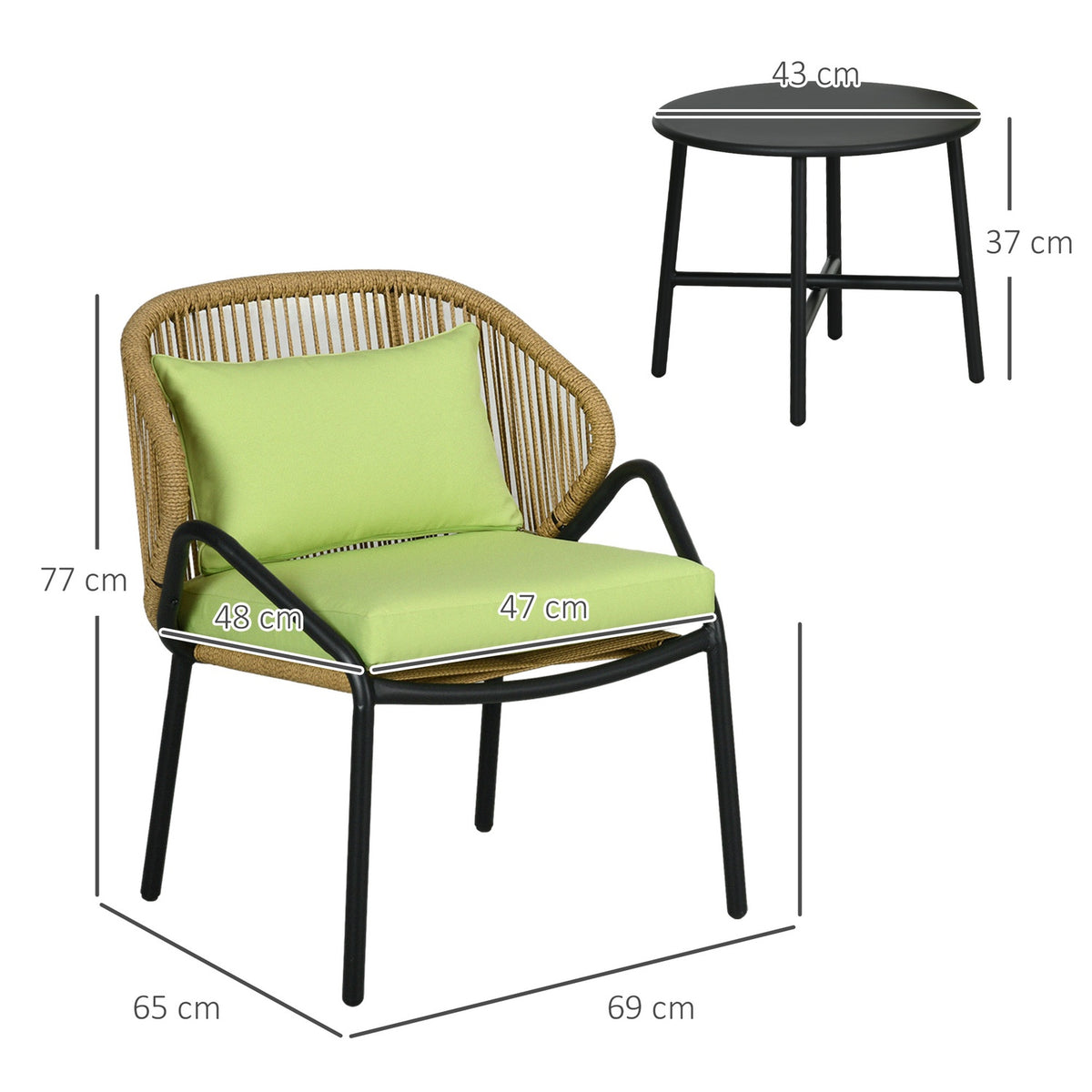 3-Piece Rattan Garden Furniture Set, Garden Set With 2 Garden Chairs, Side Table, Seating Group With Seat And Back Cushions, Steel, Green