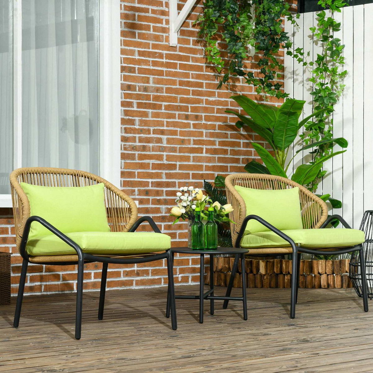 3-Piece Rattan Garden Furniture Set, Garden Set With 2 Garden Chairs, Side Table, Seating Group With Seat And Back Cushions, Steel, Green