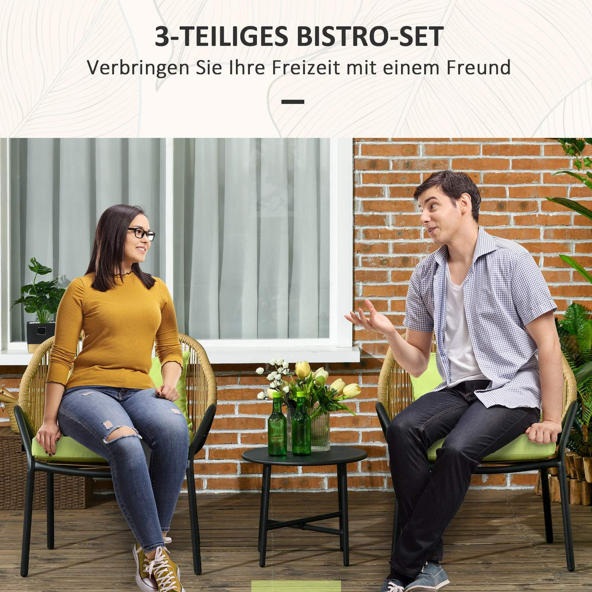 3-Piece Rattan Garden Furniture Set, Garden Set With 2 Garden Chairs, Side Table, Seating Group With Seat And Back Cushions, Steel, Green