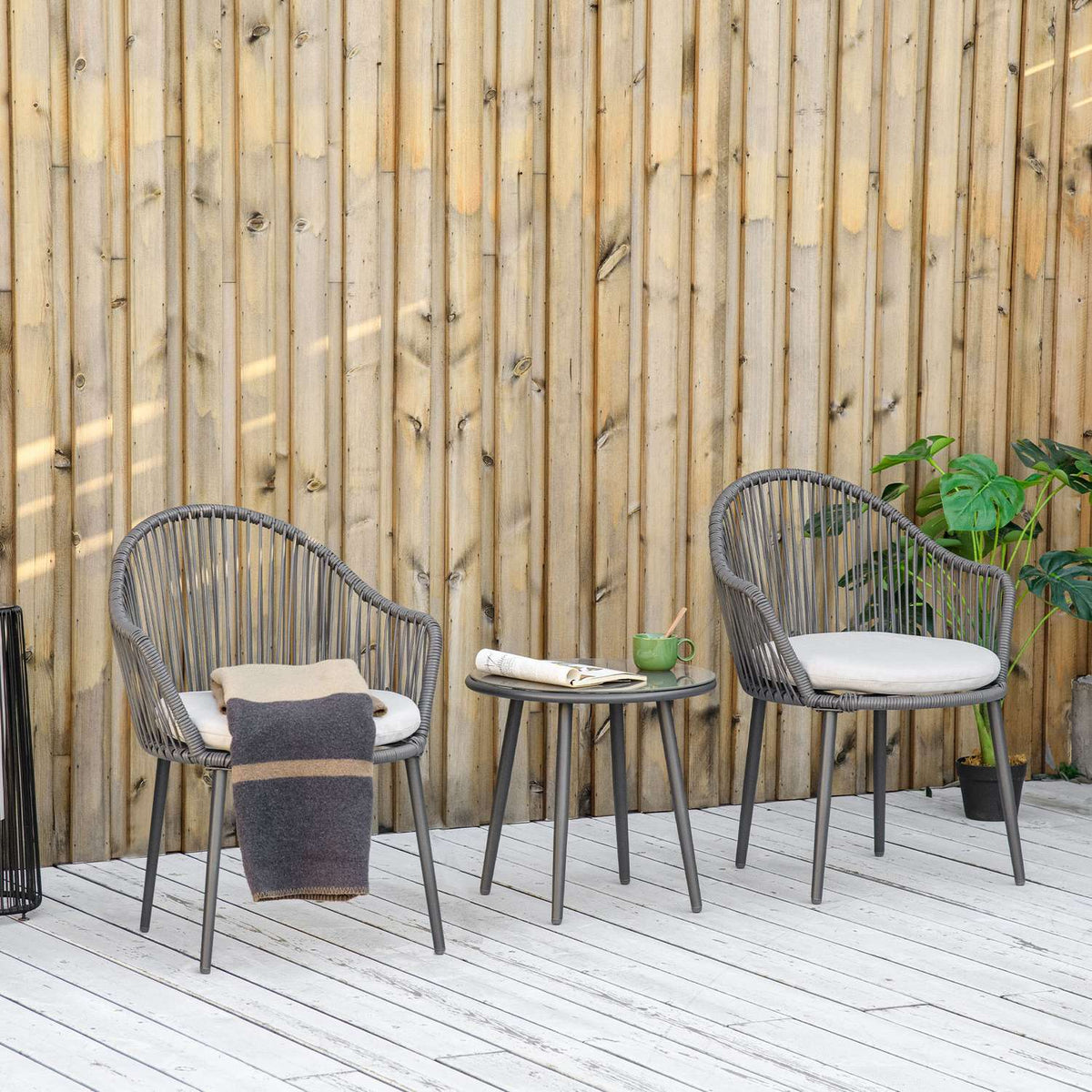 3-Piece Rattan Garden Furniture Set, Garden Set With 2 Garden Chairs, Side Table With Tempered Glass Top, Cushions, Steel, Dark Gray