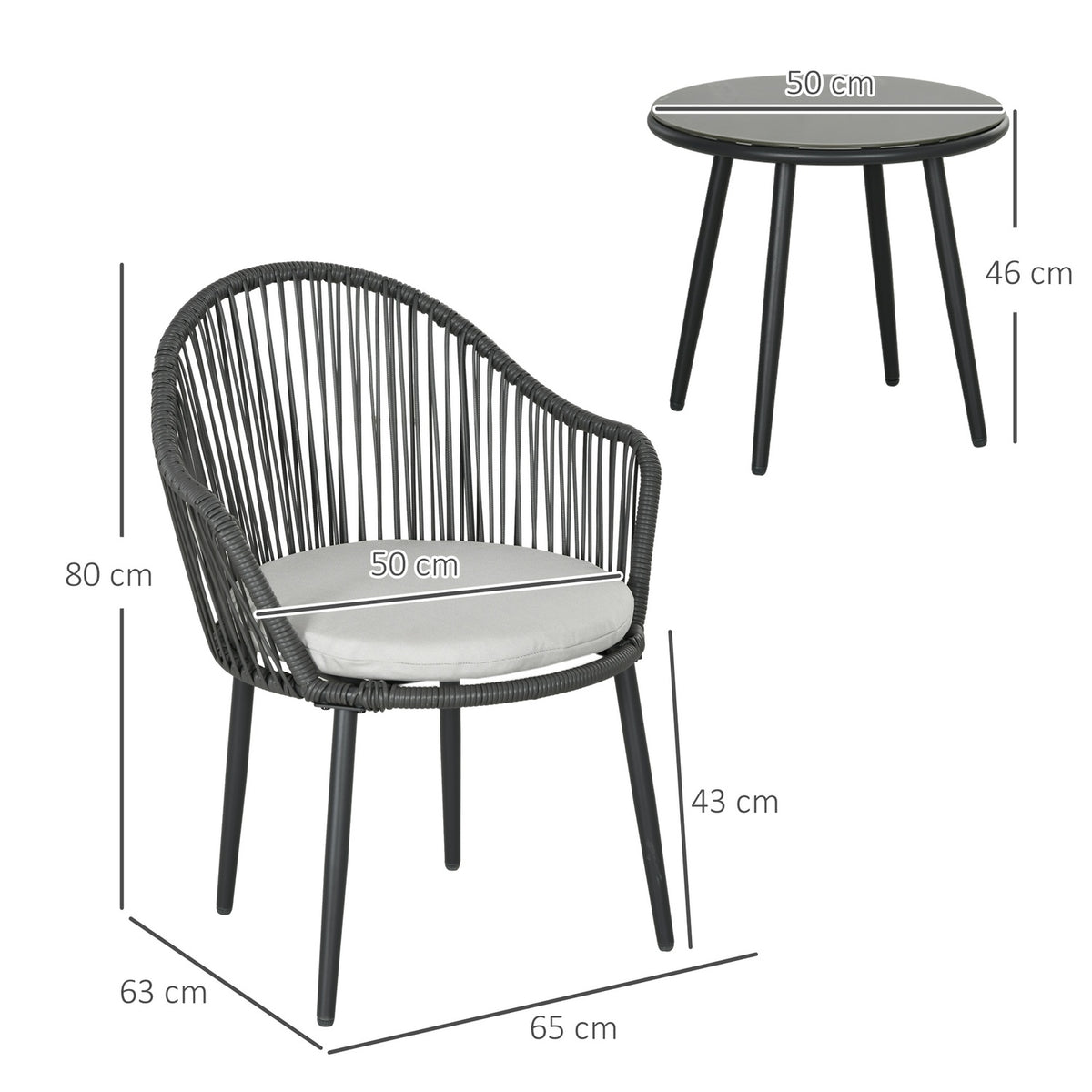 3-Piece Rattan Garden Furniture Set, Garden Set With 2 Garden Chairs, Side Table With Tempered Glass Top, Cushions, Steel, Dark Gray