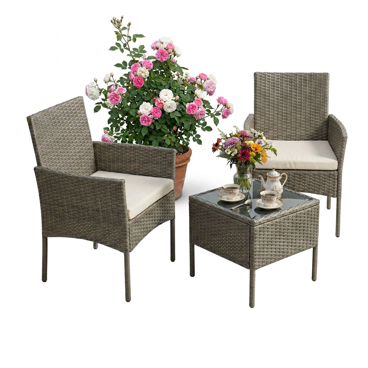 3-Piece Rattan Garden Set with Cushions and Table
