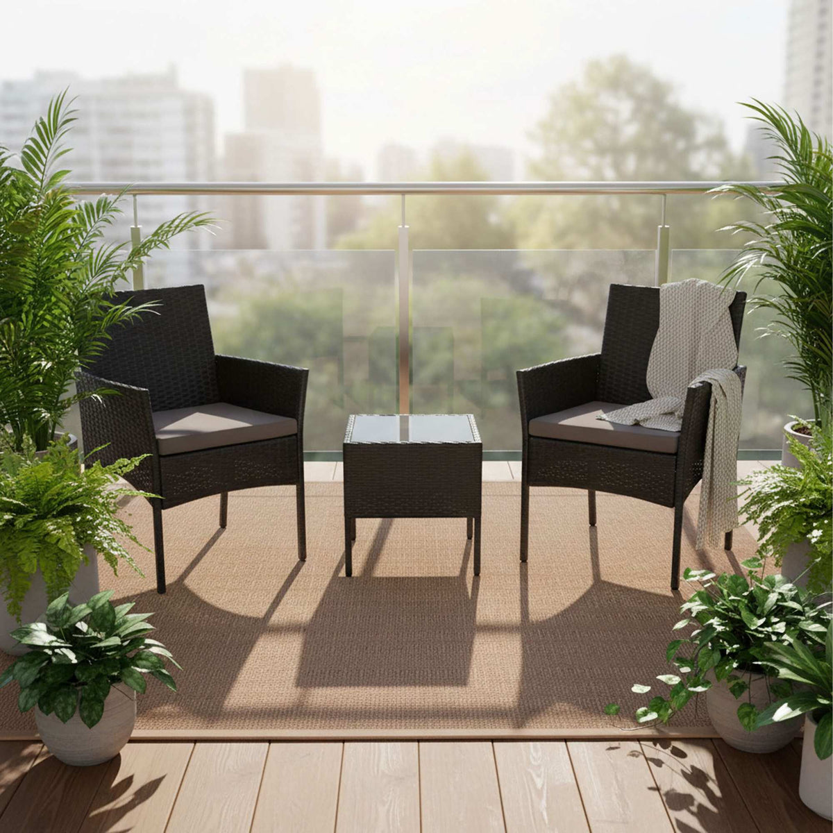 3-Piece Rattan Garden Set with Cushions and Table
