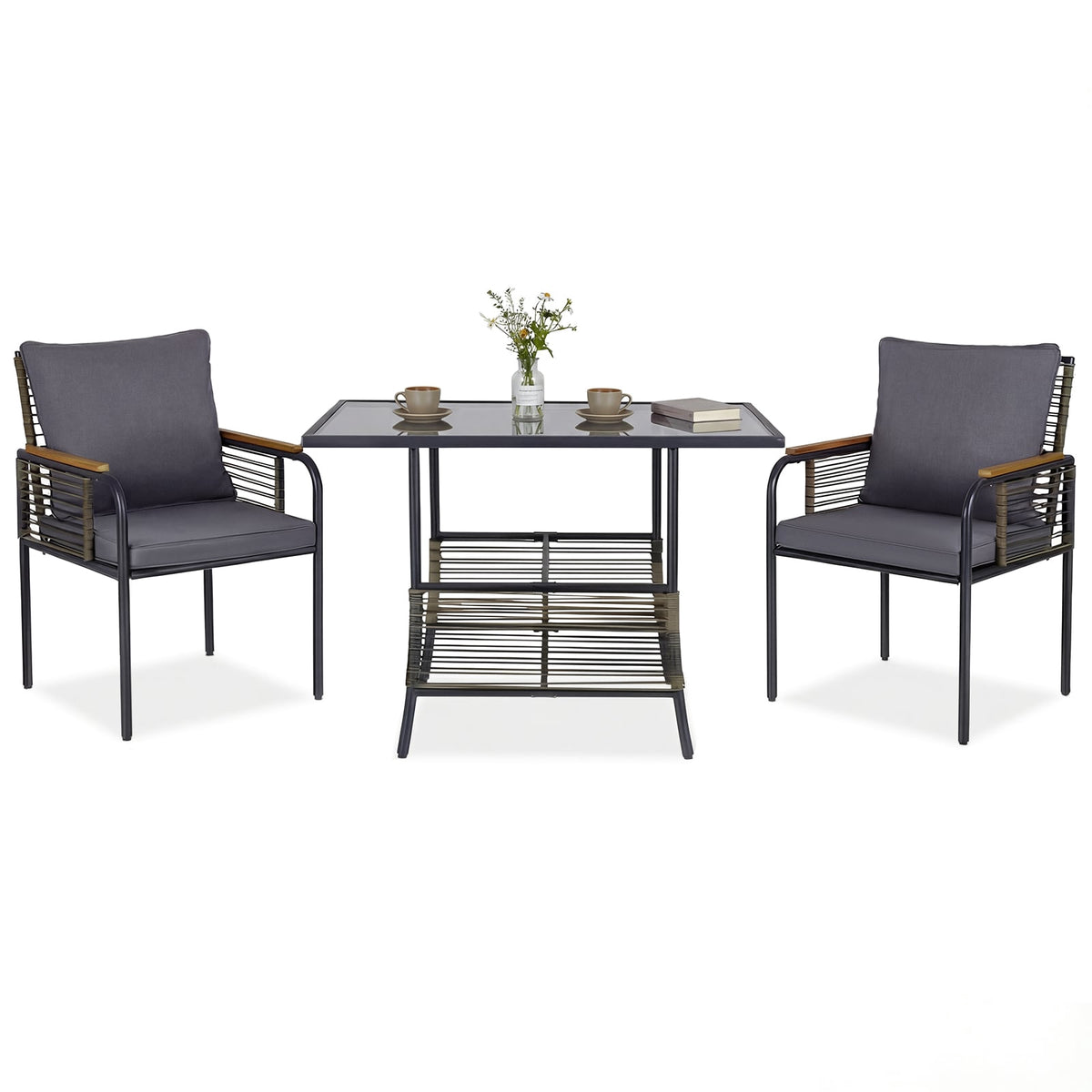 3-Piece Rattan Outdoor Dining Set with Cushions