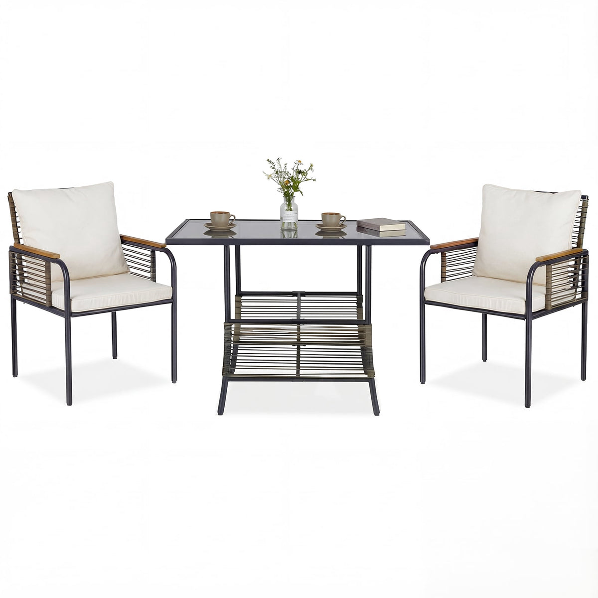 3-Piece Rattan Outdoor Dining Set with Cushions