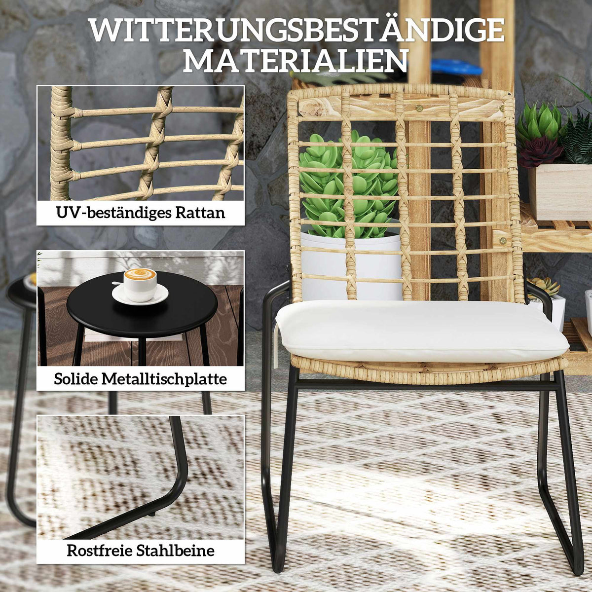 3-Piece Rattan Patio Set, 2 Chairs, 1 Metal Table, Cushions