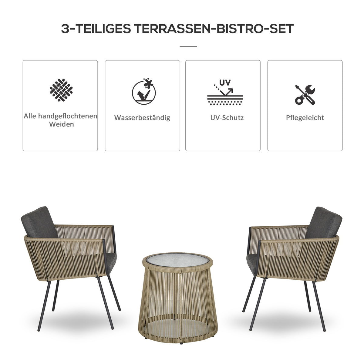 3-Piece Rattan Patio Set, 2 Chairs & Table, Gray