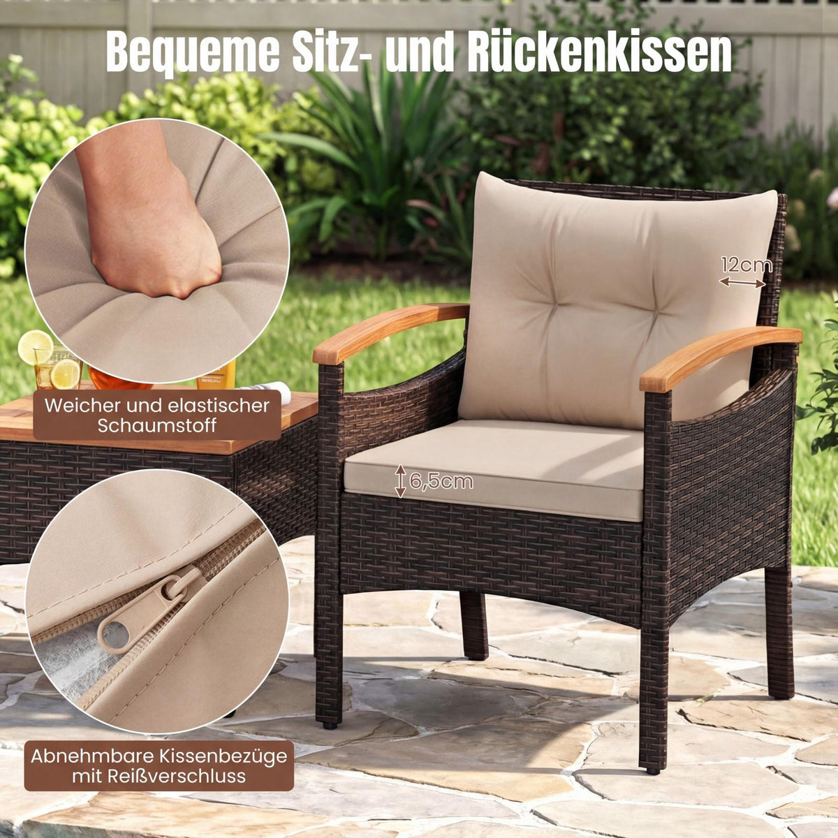 3-Piece Rattan Patio Set with Acacia Table and Cushions