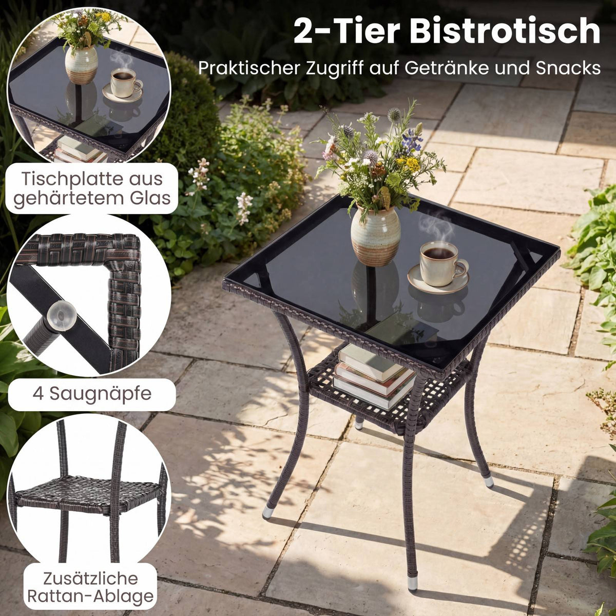 3-Piece Rattan Patio Set with Cushions and Glass Table