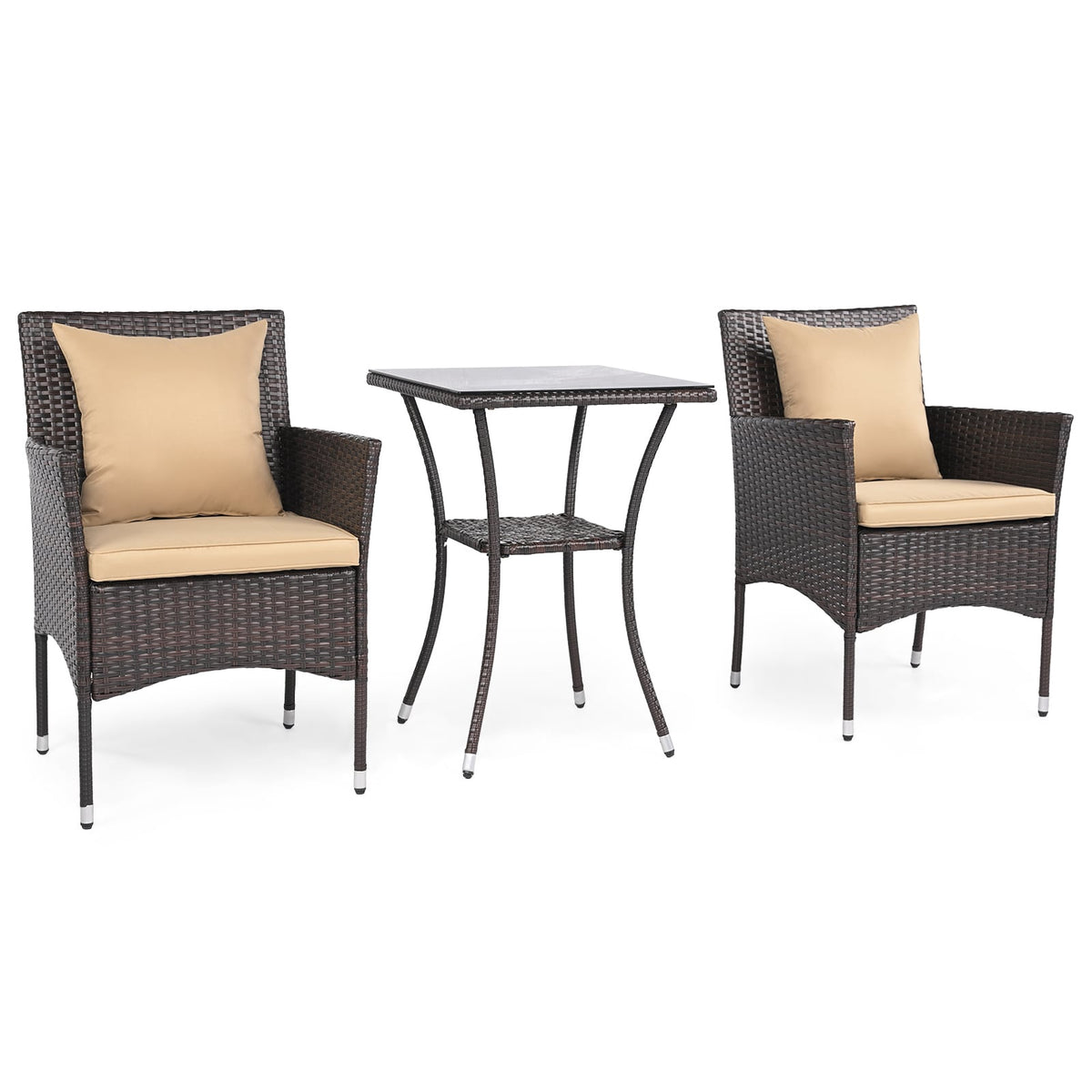 3-Piece Rattan Patio Set with Cushions and Glass Table