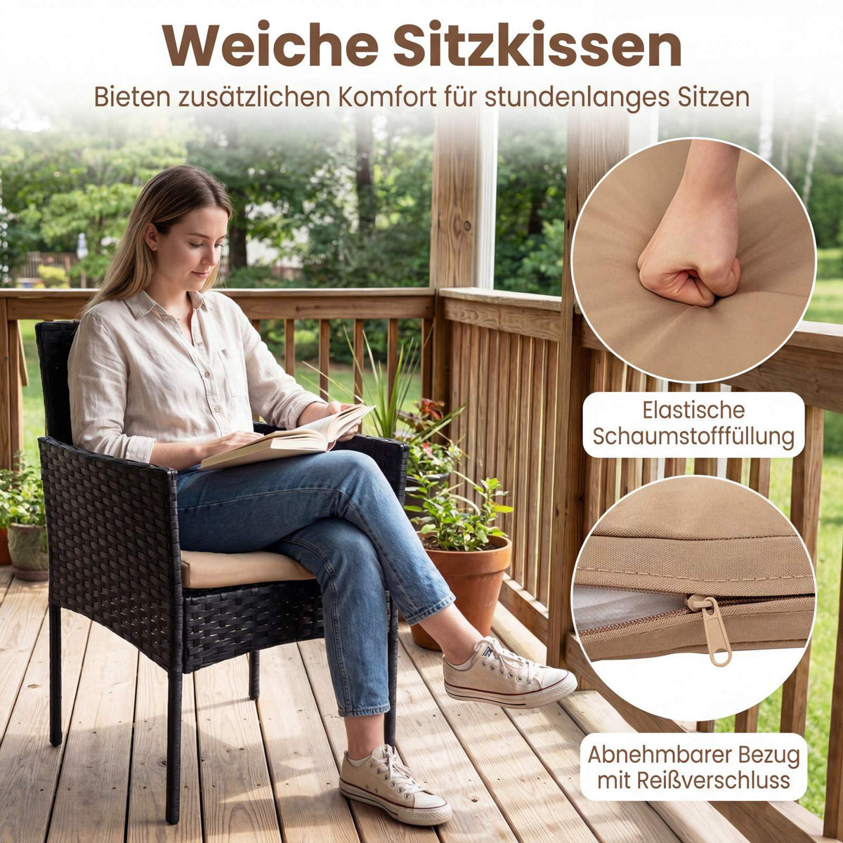 3-Piece Rattan Patio Set with Cushions and Glass Table