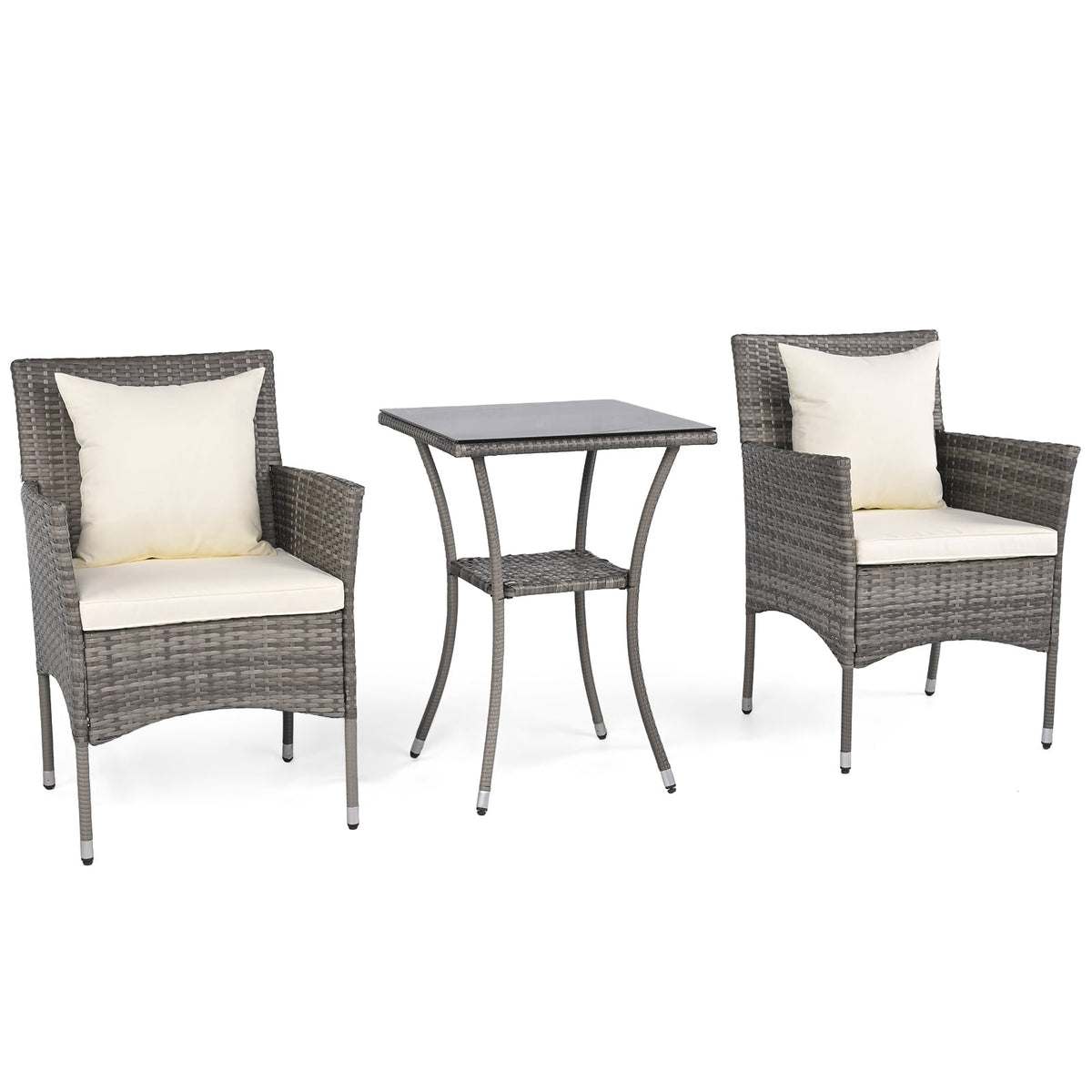 3-Piece Rattan Patio Set with Glass Table and Cushions