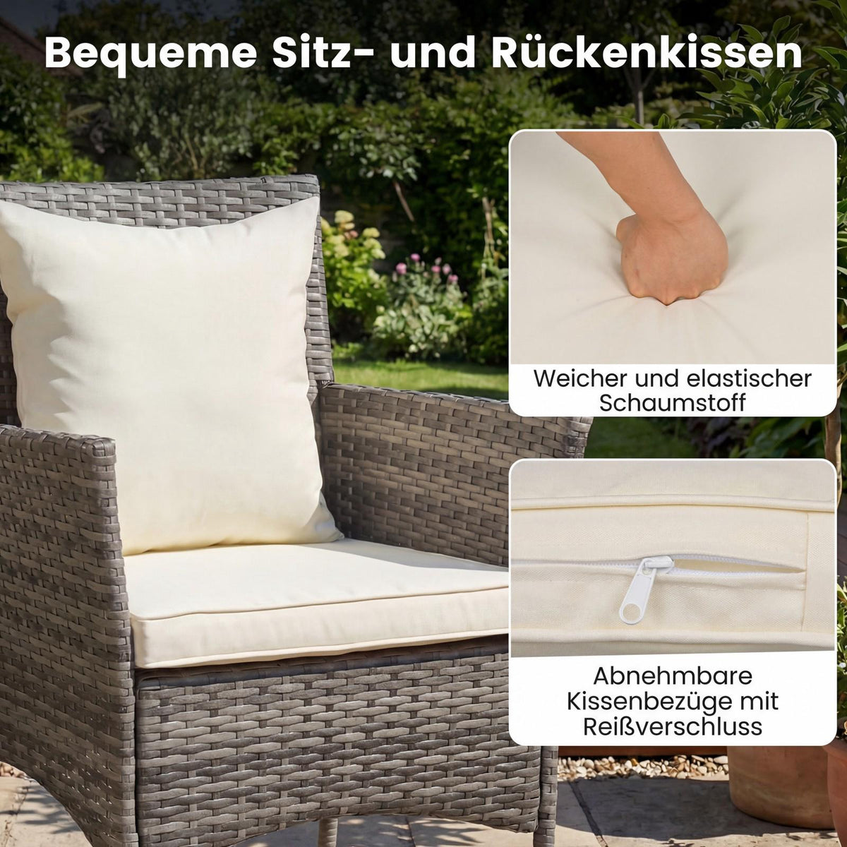 3-Piece Rattan Patio Set with Glass Table and Cushions
