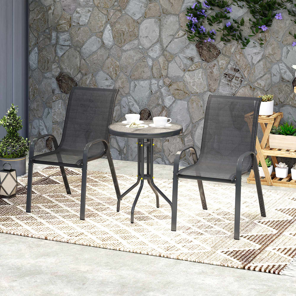 3-Piece Weatherproof Patio Set with Glass Table, Black