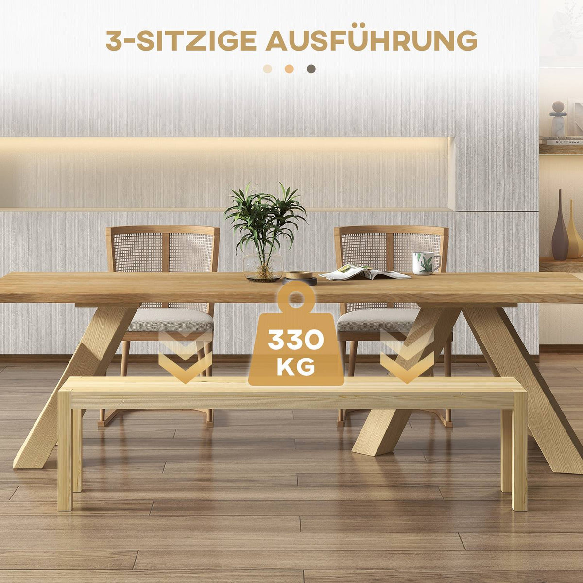 3-Seater Bench, Robust Wooden Bench In Country House Style, Kitchen Bench, Up To 330 Kg, Pine Wood, Natural