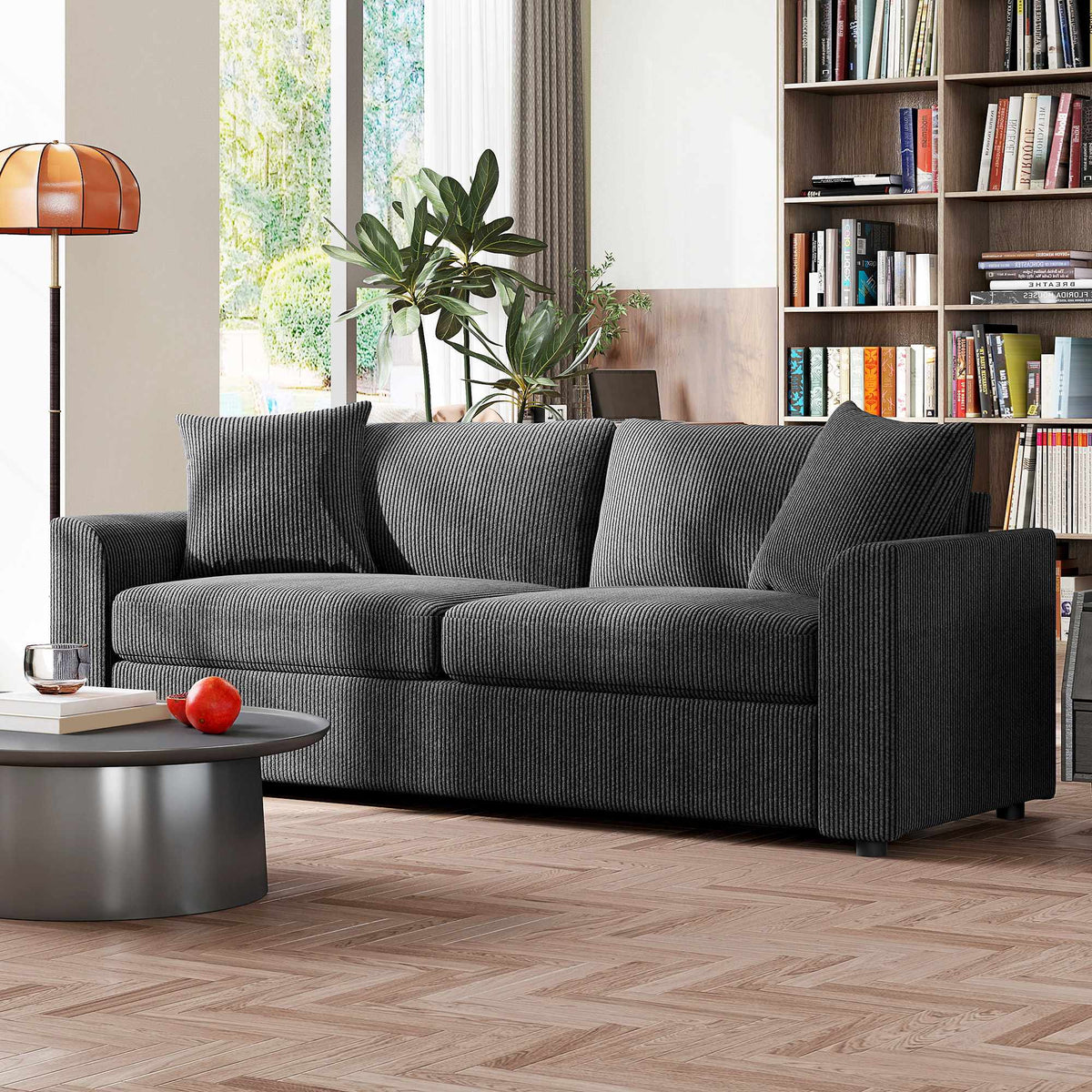 3-Seater Cord Sofa with Cushions, 212 cm, Dark Grey