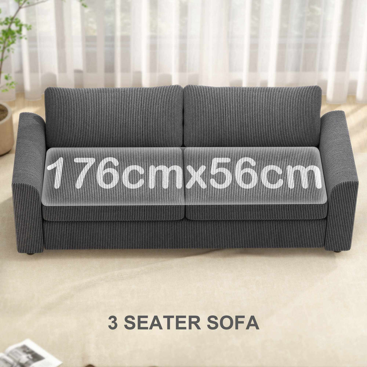 3-Seater Cord Sofa with Cushions, 212 cm, Dark Grey
